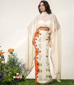 Ivory and tangerine orange embroidered organza georgette skirt set