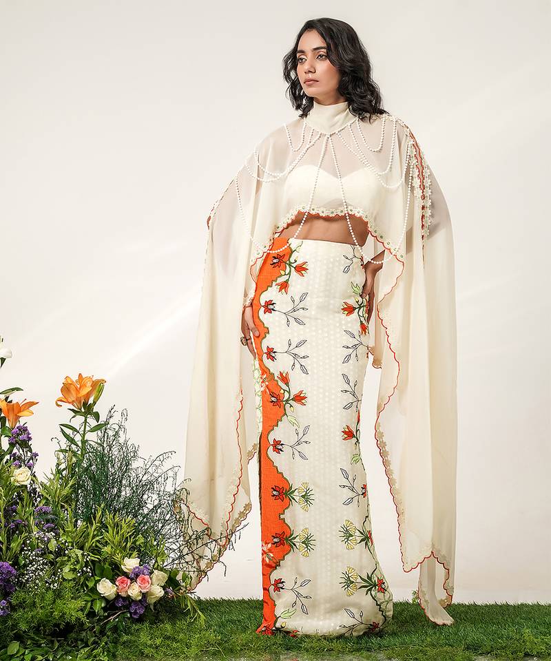 Ivory and tangerine orange embroidered organza georgette skirt set