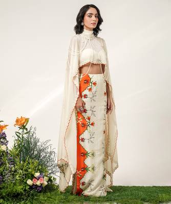 Ivory and tangerine orange embroidered organza georgette skirt set 2