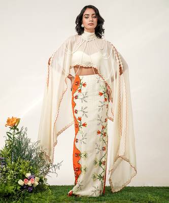 Ivory and tangerine orange embroidered organza georgette skirt set 3