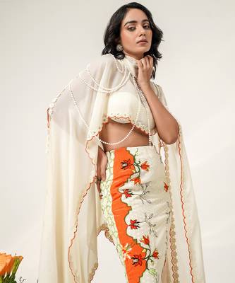 Ivory and tangerine orange embroidered organza georgette skirt set 4