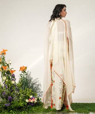 Ivory and tangerine orange embroidered organza georgette skirt set 5