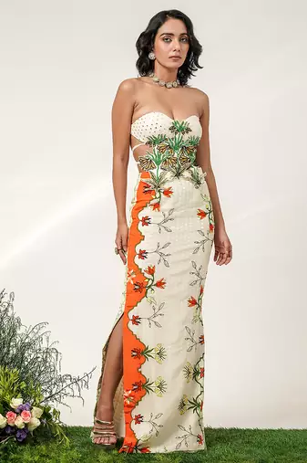 Ivory and tangerine orange embroidered organza georgette gown