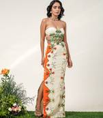 Ivory and tangerine orange embroidered organza georgette gown