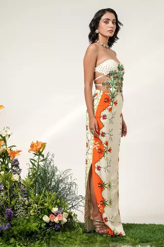Ivory and tangerine orange embroidered organza georgette gown