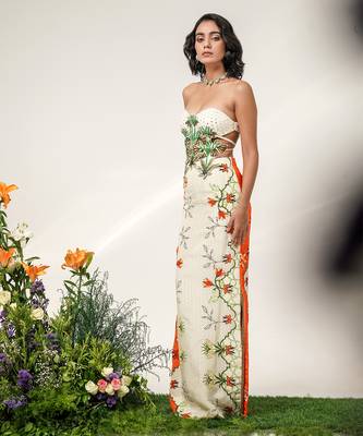 Ivory and tangerine orange embroidered organza georgette gown 3