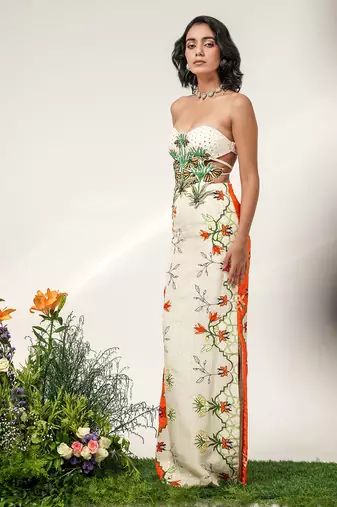 Ivory and tangerine orange embroidered organza georgette gown
