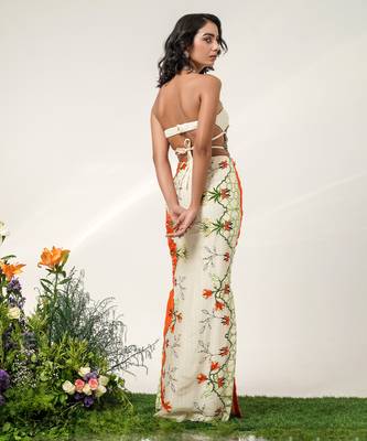 Ivory and tangerine orange embroidered organza georgette gown 4