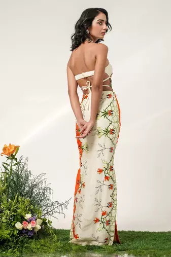 Ivory and tangerine orange embroidered organza georgette gown