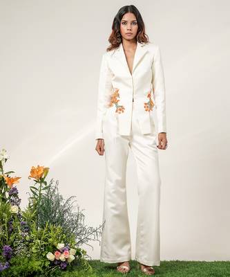 Ivory embroidered nysha silk blazer and pant set 1