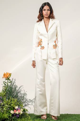 Ivory embroidered nysha silk blazer and pant set