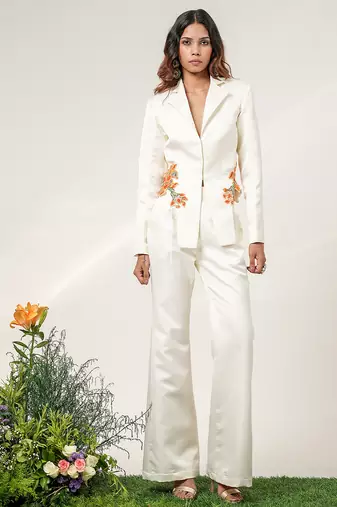 Ivory embroidered nysha silk blazer and pant set