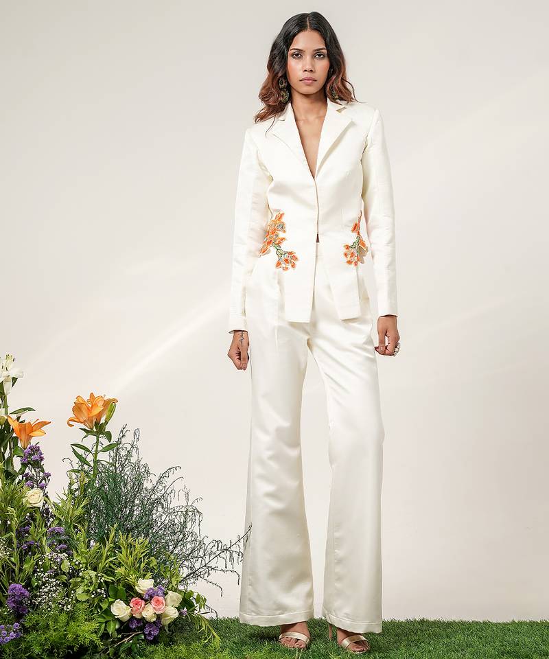 Ivory embroidered nysha silk blazer and pant set