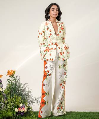 Ivory and tangerine printed crepe and nysha silk blazer and pant set 1
