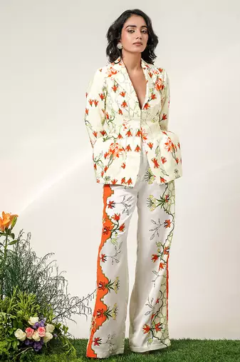 Ivory and tangerine printed crepe and nysha silk blazer and pant set