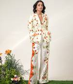 Ivory and tangerine printed crepe and nysha silk blazer and pant set