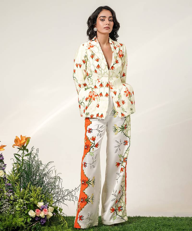 Ivory and tangerine printed crepe and nysha silk blazer and pant set