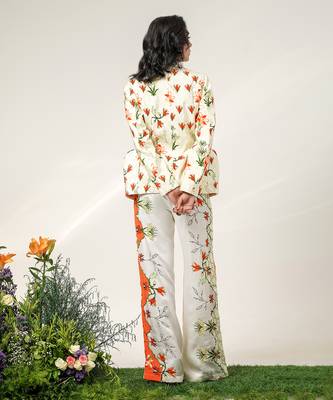 Ivory and tangerine printed crepe and nysha silk blazer and pant set 2