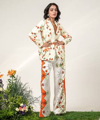 Ivory and tangerine printed crepe and nysha silk blazer and pant set 3