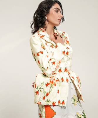 Ivory and tangerine printed crepe and nysha silk blazer and pant set 5