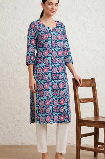 Blue hand block printed pure cotton kurti