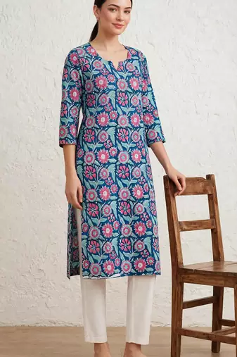 Blue hand block printed pure cotton kurti