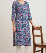 Blue hand block printed pure cotton kurti