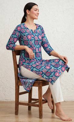 Blue hand block printed pure cotton kurti 2