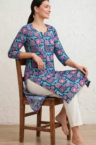 Blue hand block printed pure cotton kurti