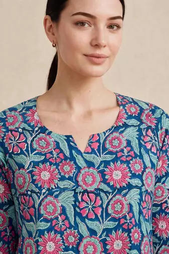 Blue hand block printed pure cotton kurti