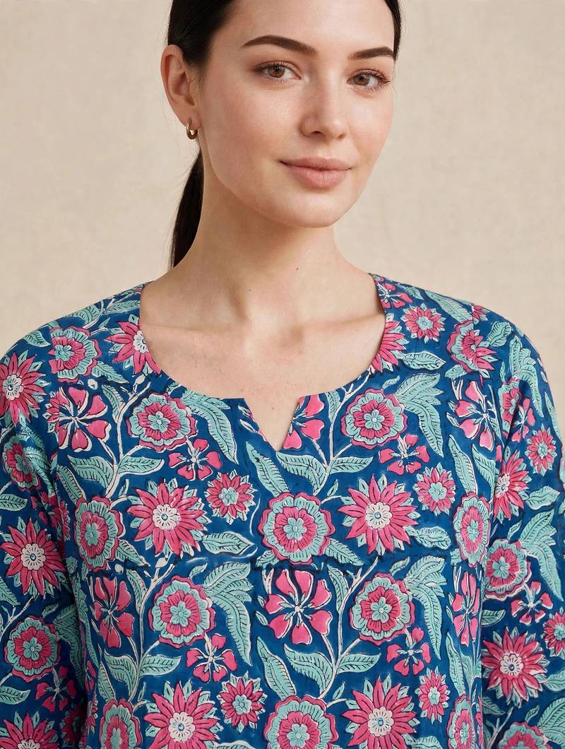 Blue hand block printed pure cotton kurti