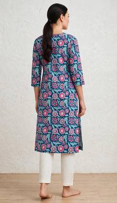 Blue hand block printed pure cotton kurti 4