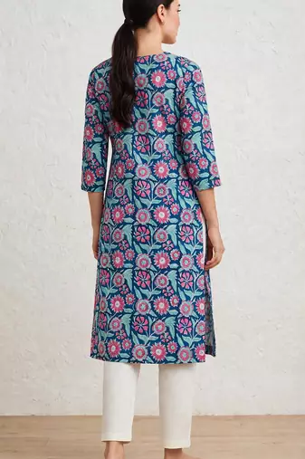 Blue hand block printed pure cotton kurti