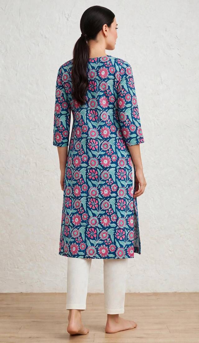 Blue hand block printed pure cotton kurti