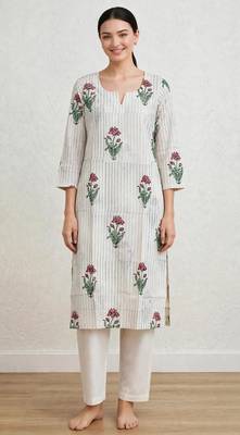 Off white red lotus hand block printed pure cotton kurti 1