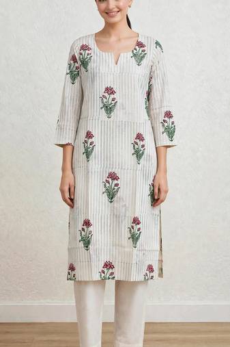 Off white red lotus hand block printed pure cotton kurti