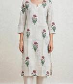 Off white red lotus hand block printed pure cotton kurti