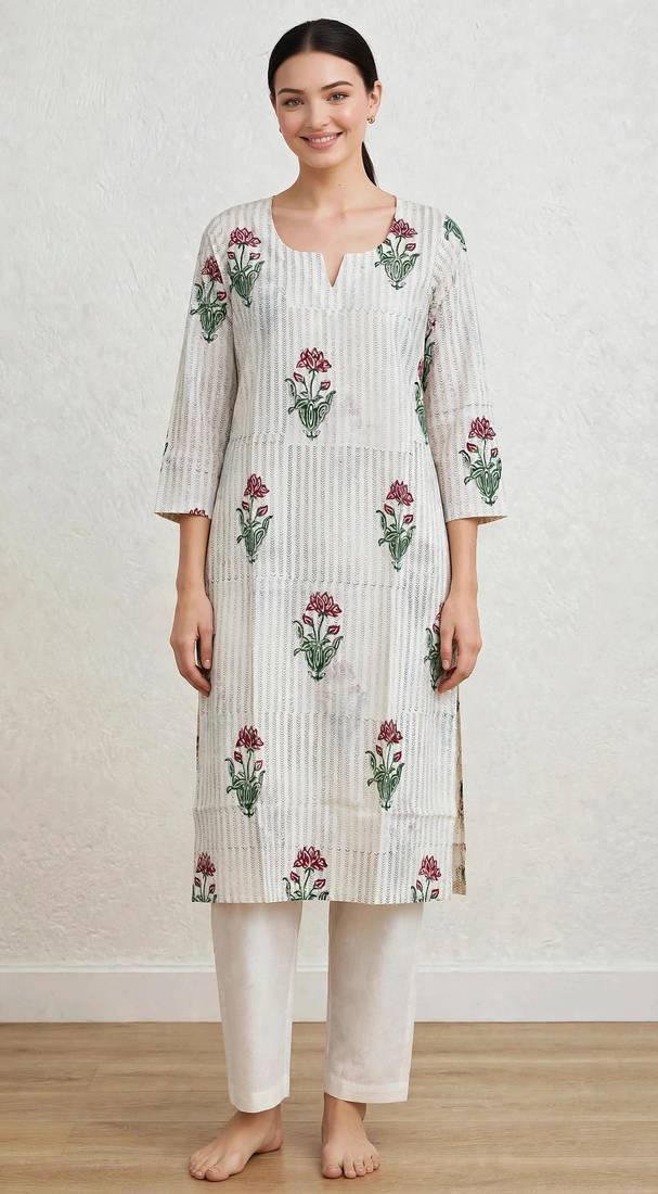 Off white red lotus hand block printed pure cotton kurti