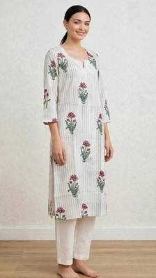 Off white red lotus hand block printed pure cotton kurti 2