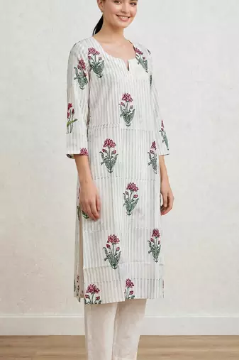 Off white red lotus hand block printed pure cotton kurti
