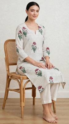 Off white red lotus hand block printed pure cotton kurti 3