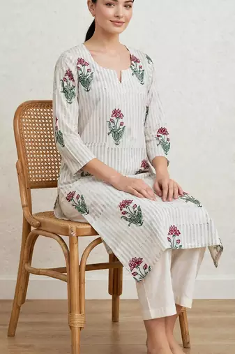 Off white red lotus hand block printed pure cotton kurti