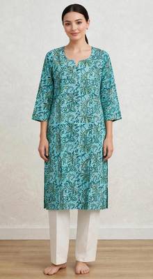Turquoise and gren hand block printed pure cotton kurti 1