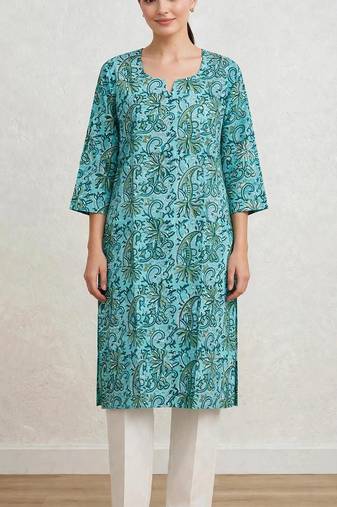 Turquoise and gren hand block printed pure cotton kurti