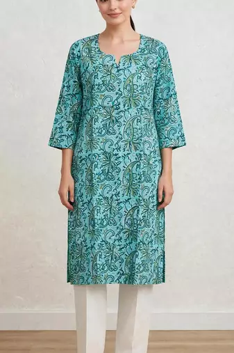 Turquoise and gren hand block printed pure cotton kurti