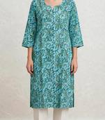 Turquoise and gren hand block printed pure cotton kurti