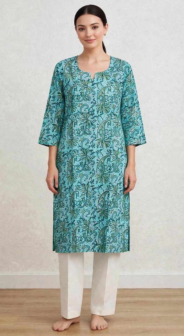 Turquoise and gren hand block printed pure cotton kurti