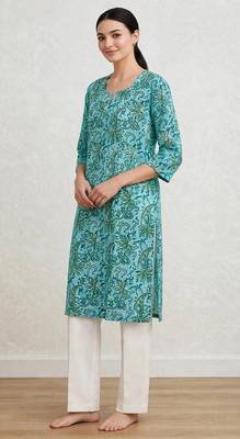 Turquoise and gren hand block printed pure cotton kurti 2