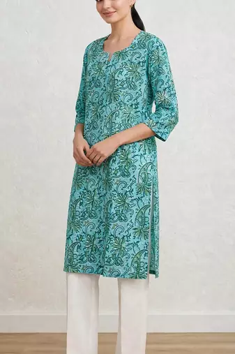 Turquoise and gren hand block printed pure cotton kurti