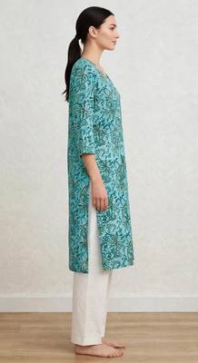 Turquoise and gren hand block printed pure cotton kurti 3